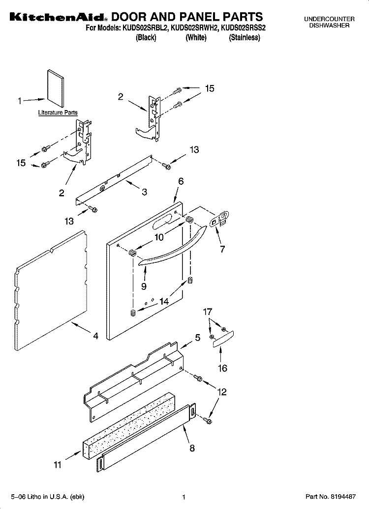 DOOR AND PANEL PARTS Diagram and Parts List for KUDS02SRBL2  KitchenAid Dishwasher