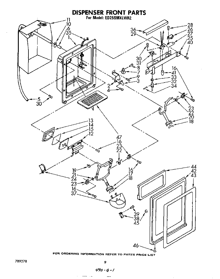 DISPENSER FRONT Diagram and Parts List for ED25SMXLWR2  Whirlpool Refrigerator