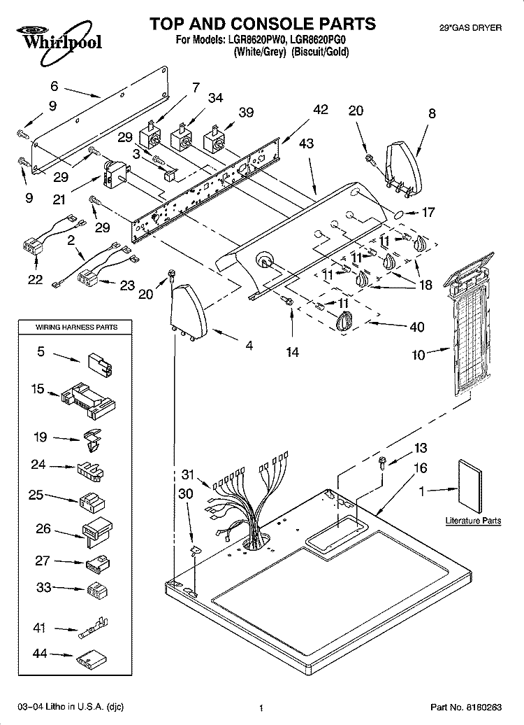 TOP AND CONSOLE PARTS Diagram and Parts List for LGR8620PG0  Whirlpool Dryer
