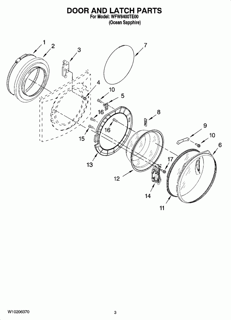 DOOR AND LATCH PARTS Diagram and Parts List for WFW8400TE00  Whirlpool Washer