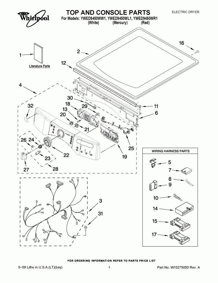 TOP AND CONSOLE PARTS Diagram and Parts List for YWED9450WL1  Whirlpool Dryer