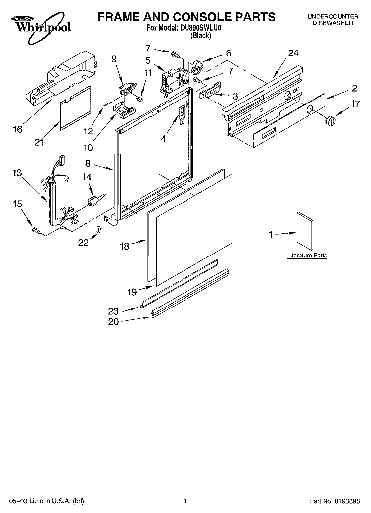 FRAME AND CONSOLE PARTS Diagram and Parts List for DU890SWLU0  Whirlpool Dishwasher