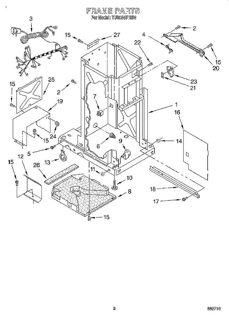FRAME Diagram and Parts List for TU800SPHB0  Whirlpool Trash Compactor