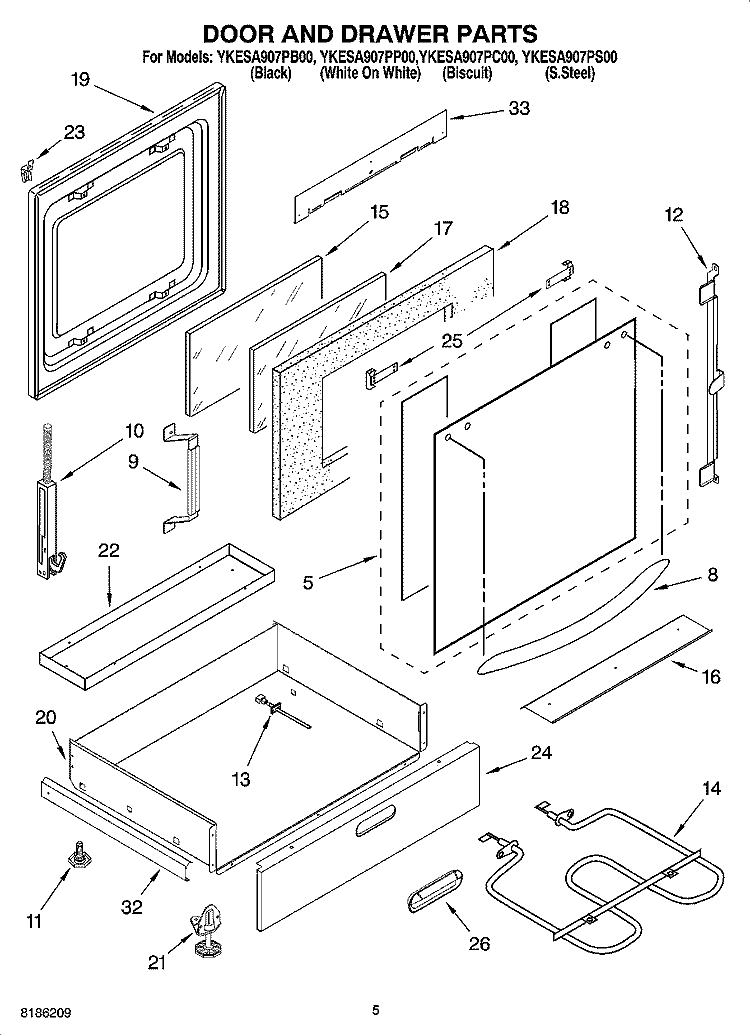 DOOR AND DRAWER PARTS Diagram and Parts List for YKESA907PP00  KitchenAid Range