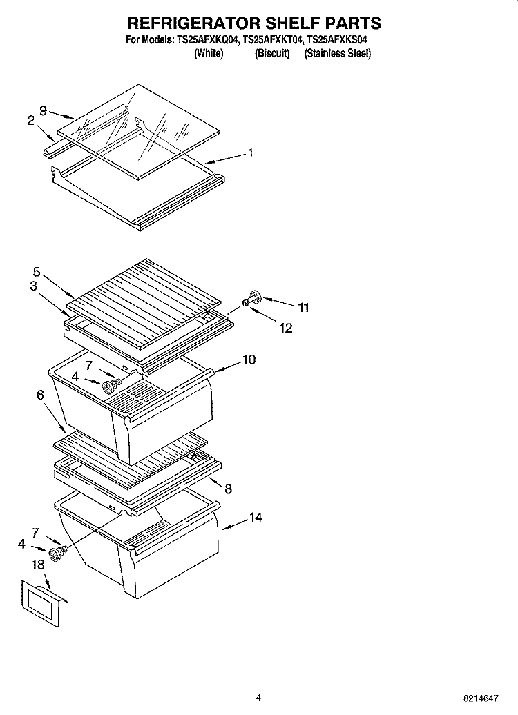 REFRIGERATOR SHELF PARTS Diagram and Parts List for TS25AFXKQ04  Estate Refrigerator