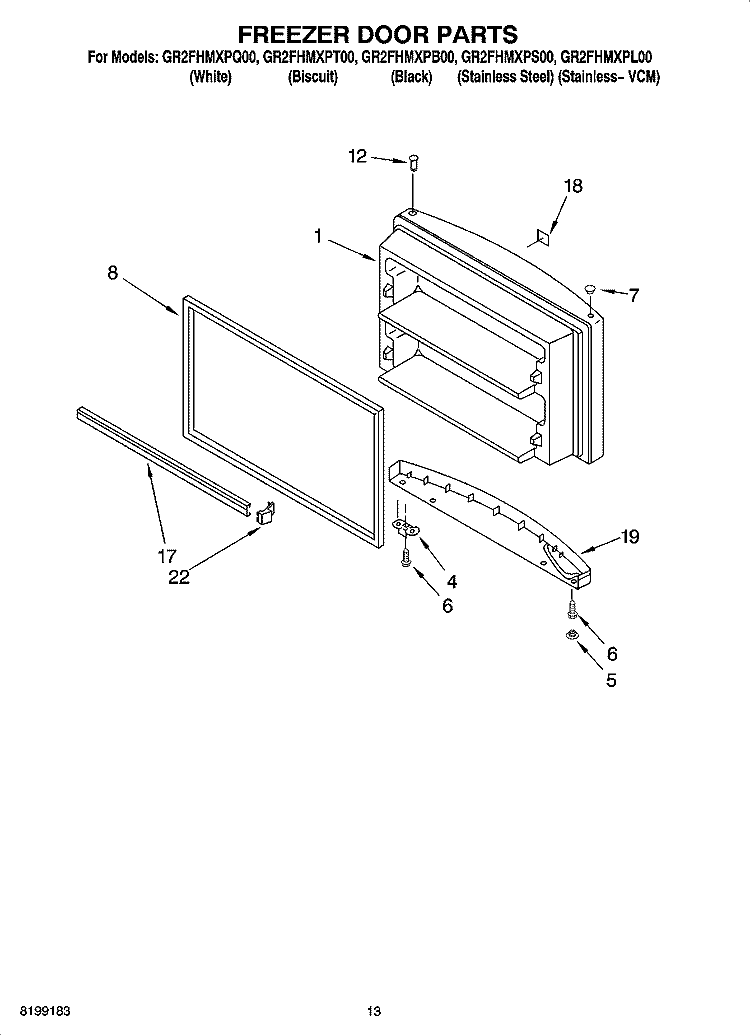 FREEZER DOOR PARTS, OPTIONAL PARTS Diagram and Parts List for GR2FHMXPT00  Whirlpool Refrigerator
