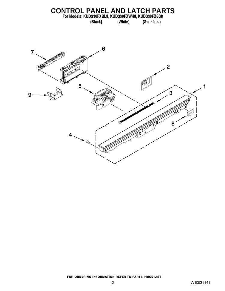 CONTROL PANEL AND LATCH PARTS Diagram and Parts List for KUDS30FXSS8  KitchenAid Dishwasher