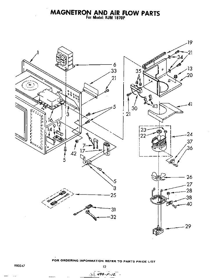 MAGNETRON AND AIR FLOW Diagram and Parts List for RJM1870P  Whirlpool Microwave Oven Combo