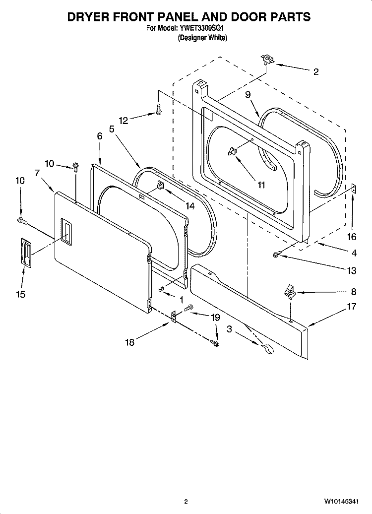 DRYER FRONT PANEL AND DOOR PARTS Diagram and Parts List for YWET3300SQ1  Whirlpool Washer Dryer Combo