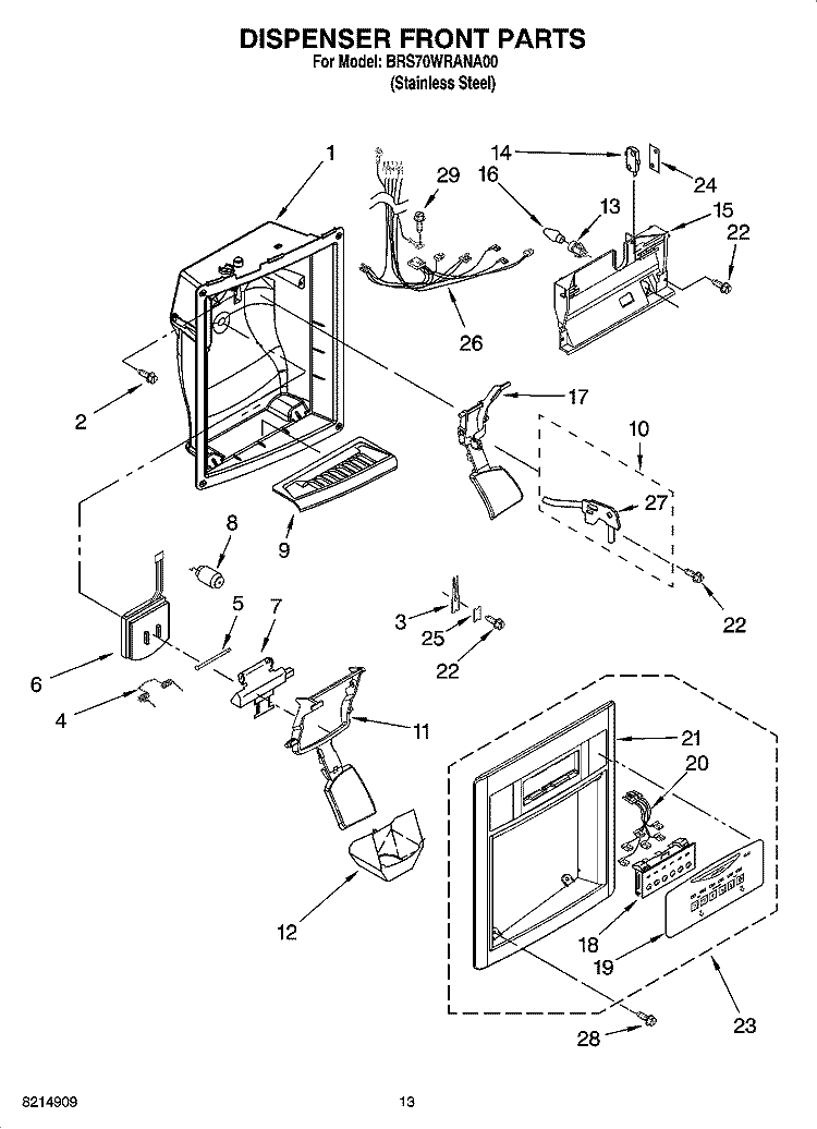 DISPENSER FRONT PARTS Diagram and Parts List for BRS70WRANA00  Whirlpool Refrigerator