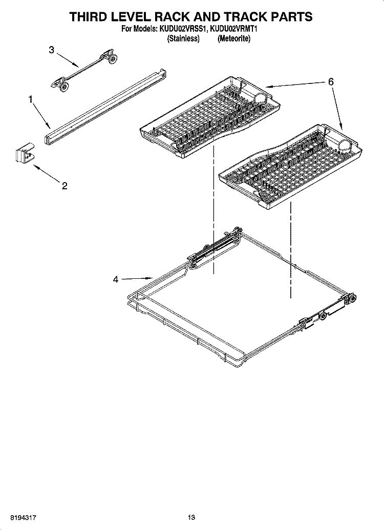 THIRD LEVEL RACK AND TRACK PARTS Diagram and Parts List for KUDU02VRSS1  KitchenAid Dishwasher