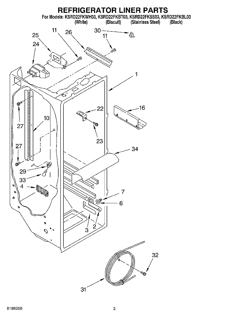 REFRIGERATOR LINER PARTS Diagram and Parts List for KSRD22FKBL03  KitchenAid Refrigerator