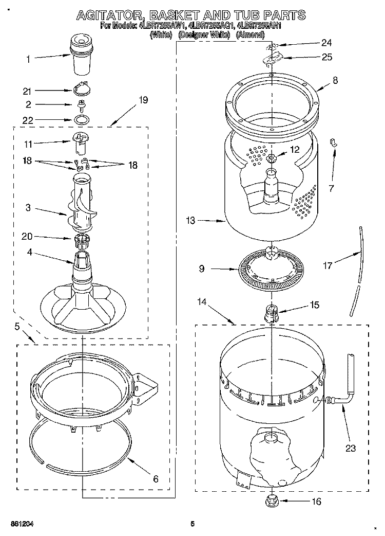 AGITATOR, BASKET AND TUB Diagram and Parts List for 4LBR7255AN1  Whirlpool Washer