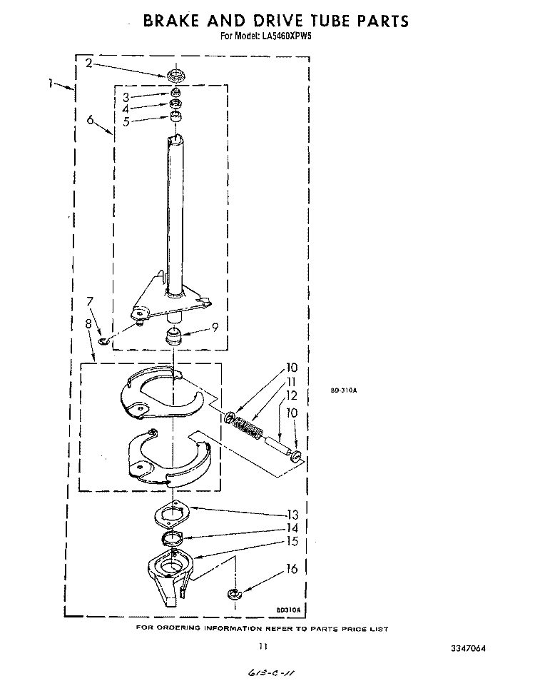 BRAKE AND DRIVE TUBE Diagram and Parts List for LA5460XPW5  Whirlpool Washer
