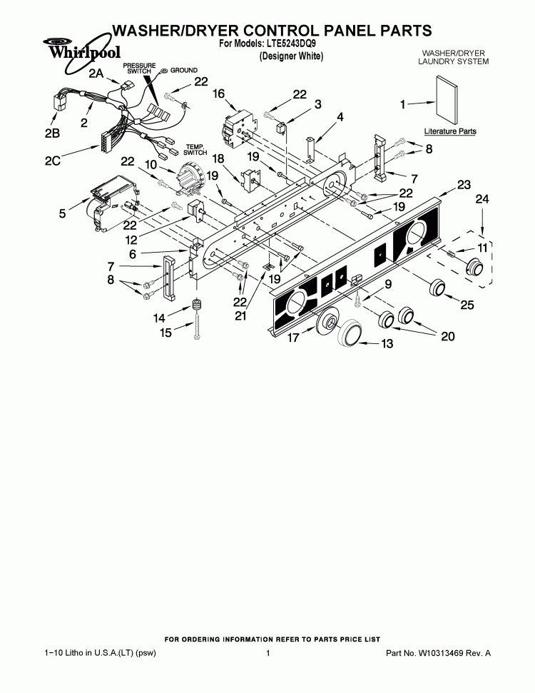 WASHER/DRYER CONTROL PANEL PARTS Diagram and Parts List for LTE5243DQ9  Whirlpool Washer Dryer Combo