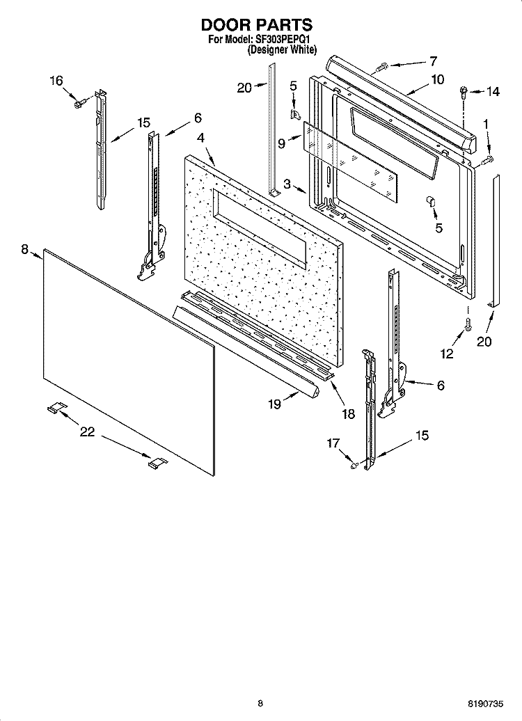 DOOR PARTS, MISCELLANEOUS PARTS Diagram and Parts List for SF303PEPQ1  Whirlpool Range