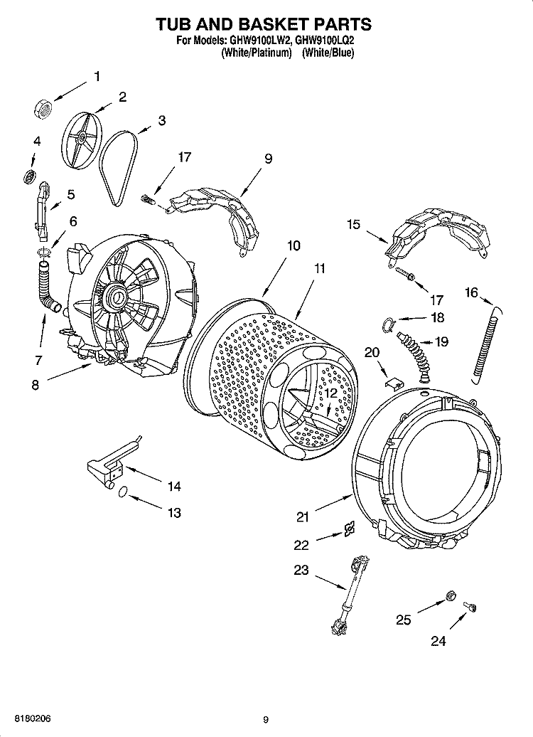 TUB AND BASKET PARTS Diagram and Parts List for GHW9100LW2  Whirlpool Washer