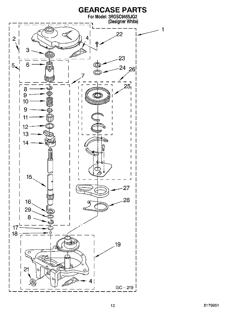 GEARCASE PARTS Diagram and Parts List for 3RGSC9455JQ2  Whirlpool Washer