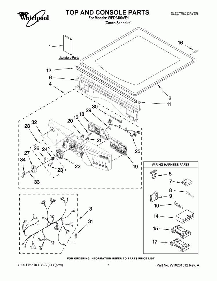 TOP AND CONSOLE PARTS Diagram and Parts List for WED9400VE1  Whirlpool Dryer