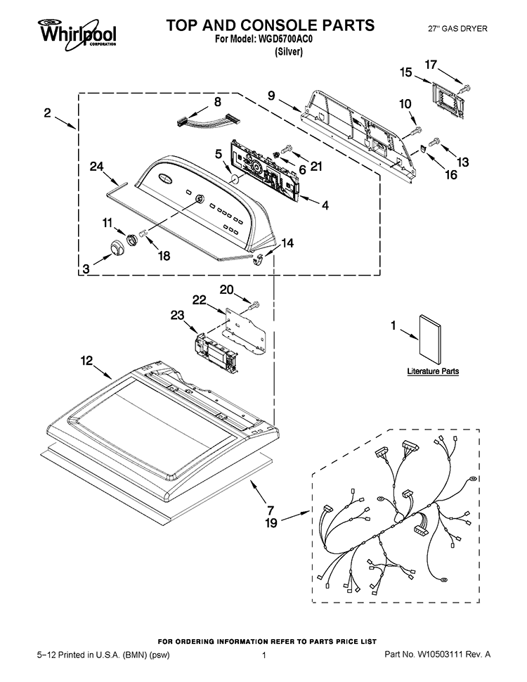 TOP AND CONSOLE PARTS Diagram and Parts List for WGD5700AC0  Whirlpool Dryer