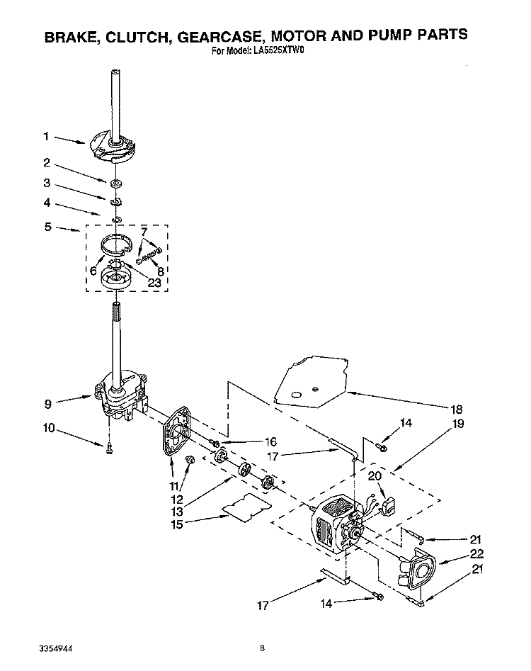 BRAKE, CLUTCH, GEARCASE, MOTOR AND PUMP Diagram and Parts List for LA5525XTN0  Whirlpool Washer