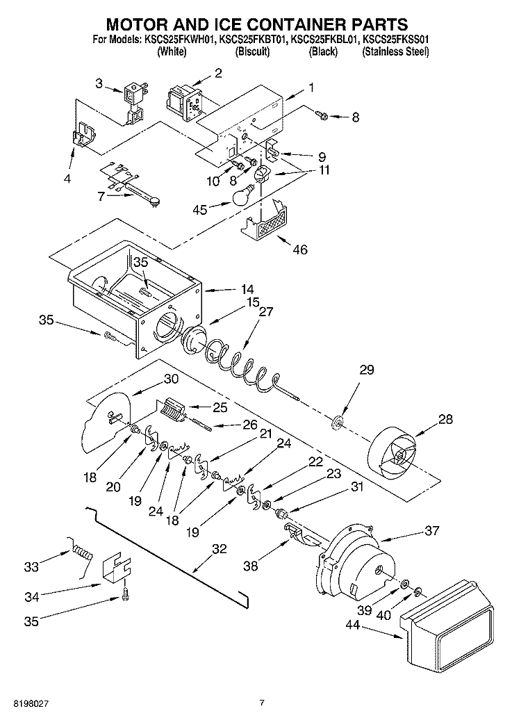 MOTOR AND ICE CONTAINER PARTS Diagram and Parts List for KSCS25FKSS01  KitchenAid Refrigerator