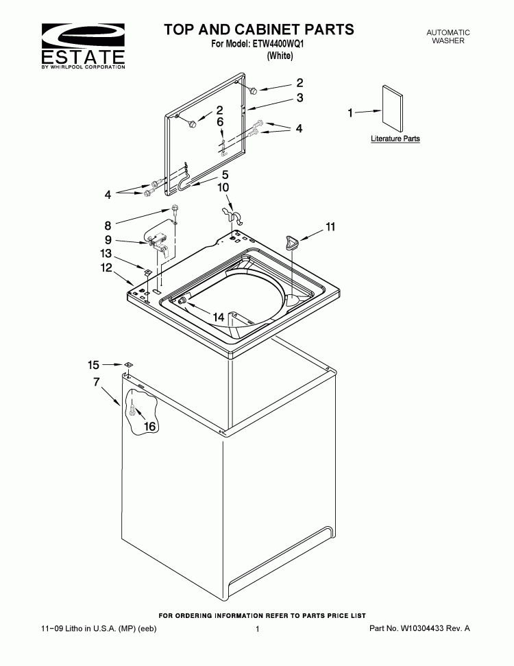 TOP AND CABINET PARTS Diagram and Parts List for ETW4400WQ1  Estate Washer