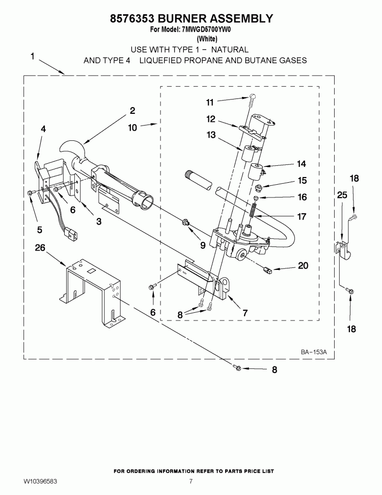 8576353 BURNER ASSEMBLY Diagram and Parts List for 7MWGD5700YW0  Whirlpool Dryer