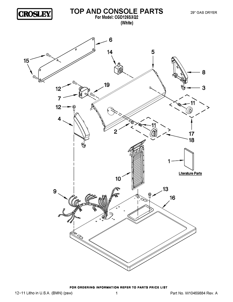 TOP AND CONSOLE PARTS Diagram and Parts List for CGD126SXQ2  Whirlpool Dryer