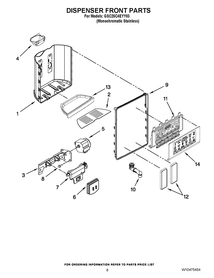 DISPENSER FRONT PARTS Diagram and Parts List for GSC25C4EYY03  Whirlpool Refrigerator