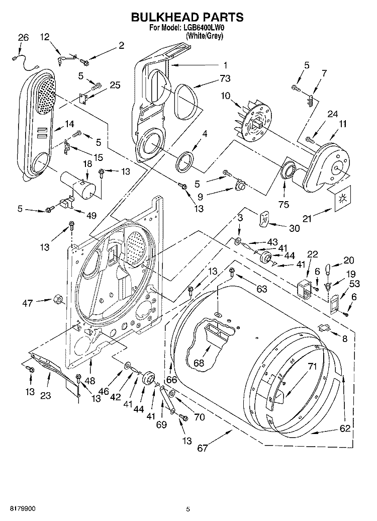BULKHEAD Diagram and Parts List for LGB6400LW0  Whirlpool Dryer