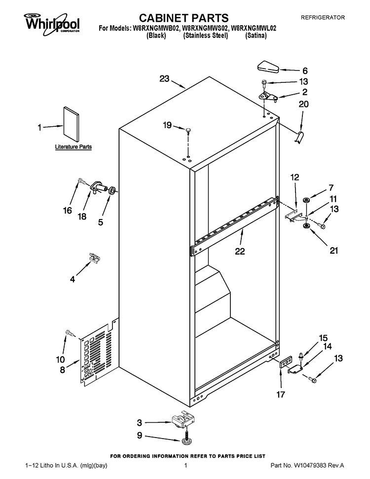 CABINET PARTS Diagram and Parts List for W8RXNGMWB02  Whirlpool Refrigerator