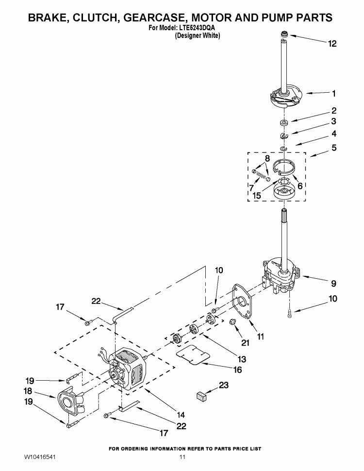 BRAKE, CLUTCH, GEARCASE, MOTOR AND PUMP PARTS Diagram and Parts List for LTE5243DQA  Whirlpool Washer Dryer Combo
