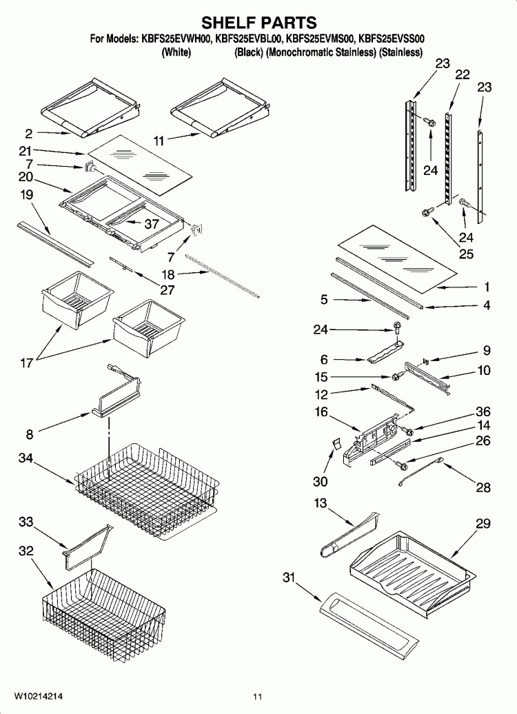 SHELF PARTS Diagram and Parts List for KBFS25EVMS00  KitchenAid Refrigerator