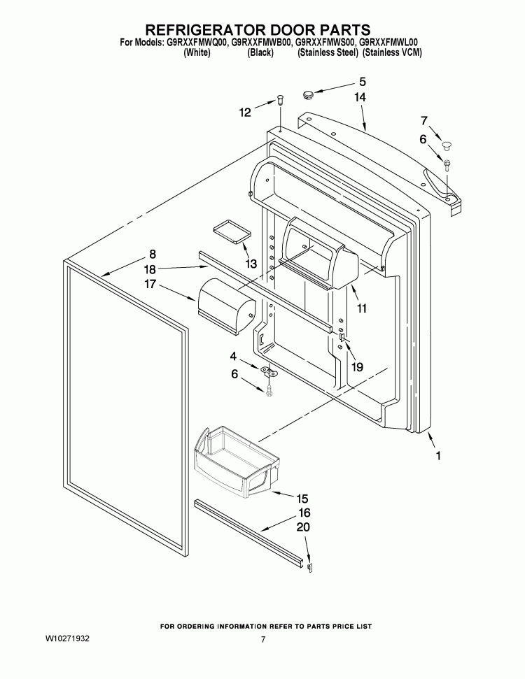 REFRIGERATOR DOOR PARTS Diagram and Parts List for G9RXXFMWQ00  Whirlpool Refrigerator