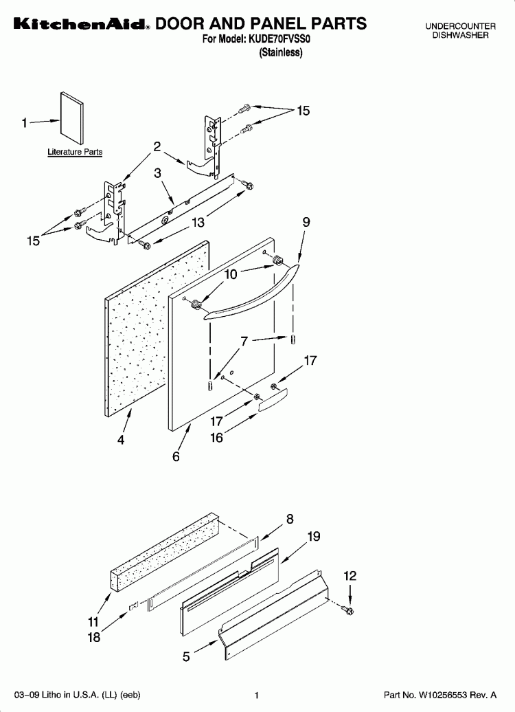 DOOR AND PANEL PARTS Diagram and Parts List for KUDE70FVSS0  KitchenAid Dishwasher
