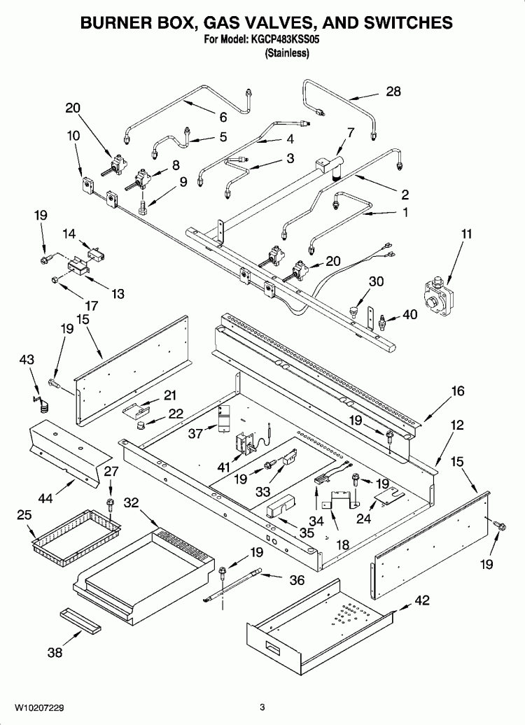 BURNER BOX, GAS VALVES, AND SWITCHES, OPTIONAL PARTS Diagram and Parts List for KGCP483KSS05  KitchenAid Cooktop