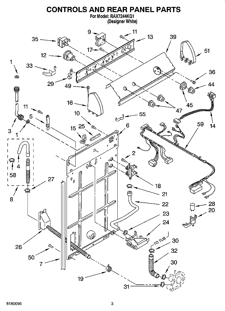 CONTROL AND REAR PANEL PARTS Diagram and Parts List for RAX7244KQ1  Roper Washer
