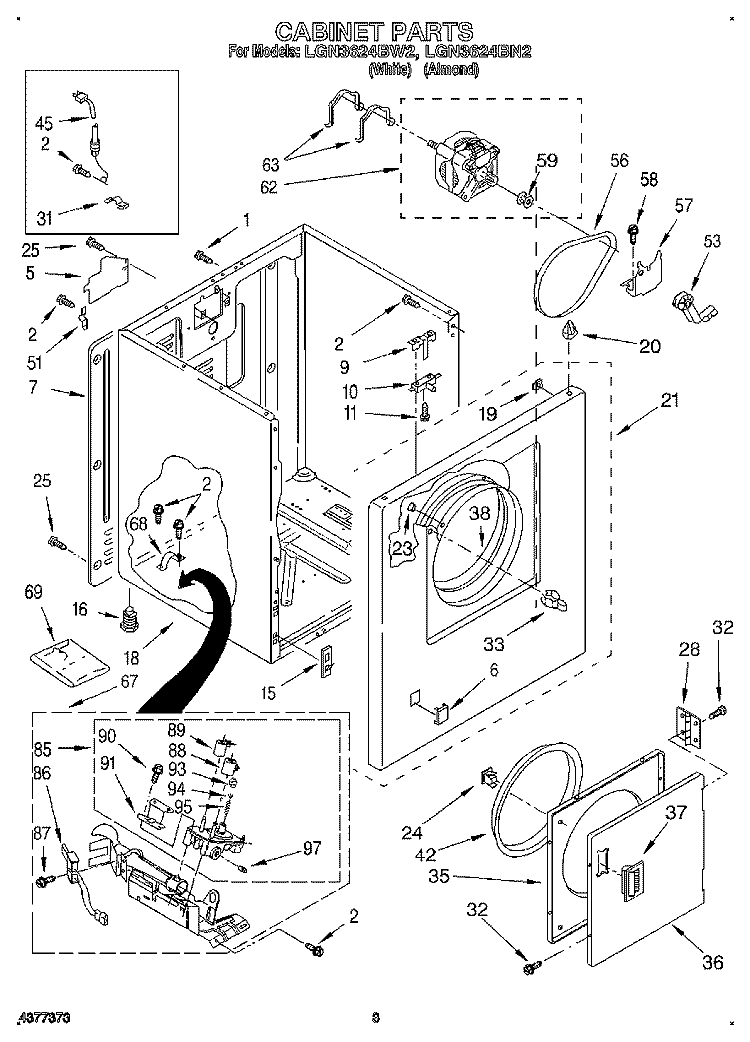 CABINET Diagram and Parts List for LGN3624BW2  Whirlpool Dryer