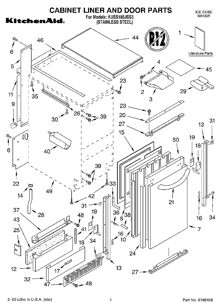 CABINET LINER AND DOOR PARTS Diagram and Parts List for KUSS185JSS3  KitchenAid Ice Maker