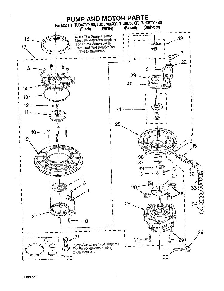 PUMP AND MOTOR PARTS Diagram and Parts List for TUD6700KB0  Estate Dishwasher