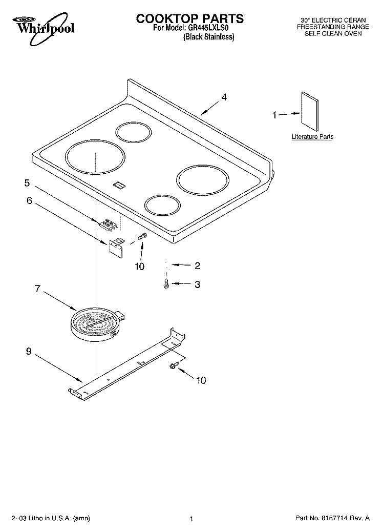COOKTOP PARTS Diagram and Parts List for GR445LXLS0  Whirlpool Range