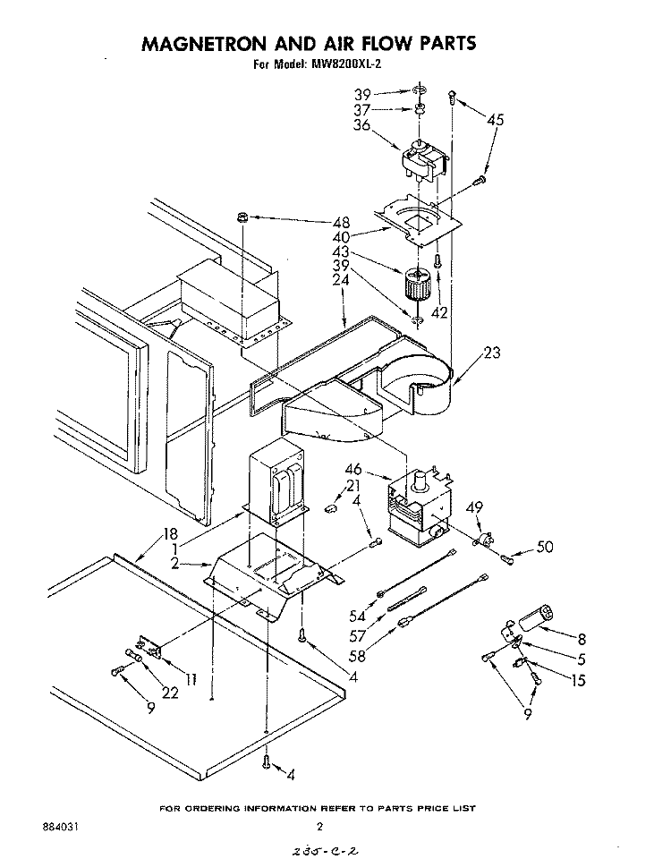 MAGNETRON AND AIR FLOW Diagram and Parts List for MW8200XL2  Whirlpool Microwave
