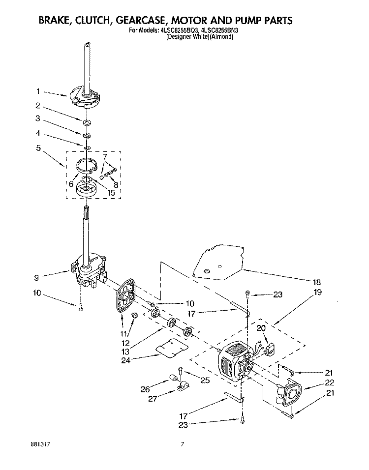 BRAKE, CLUTCH, GEARCASE, MOTOR AND PUMP Diagram and Parts List for 4LSC8255BQ3  Whirlpool Washer