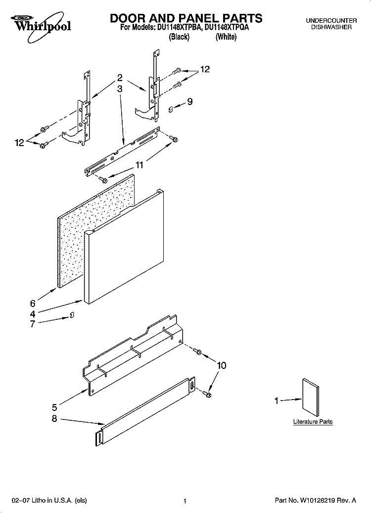 DOOR AND PANEL PARTS Diagram and Parts List for DU1148XTPBA  Whirlpool Dishwasher