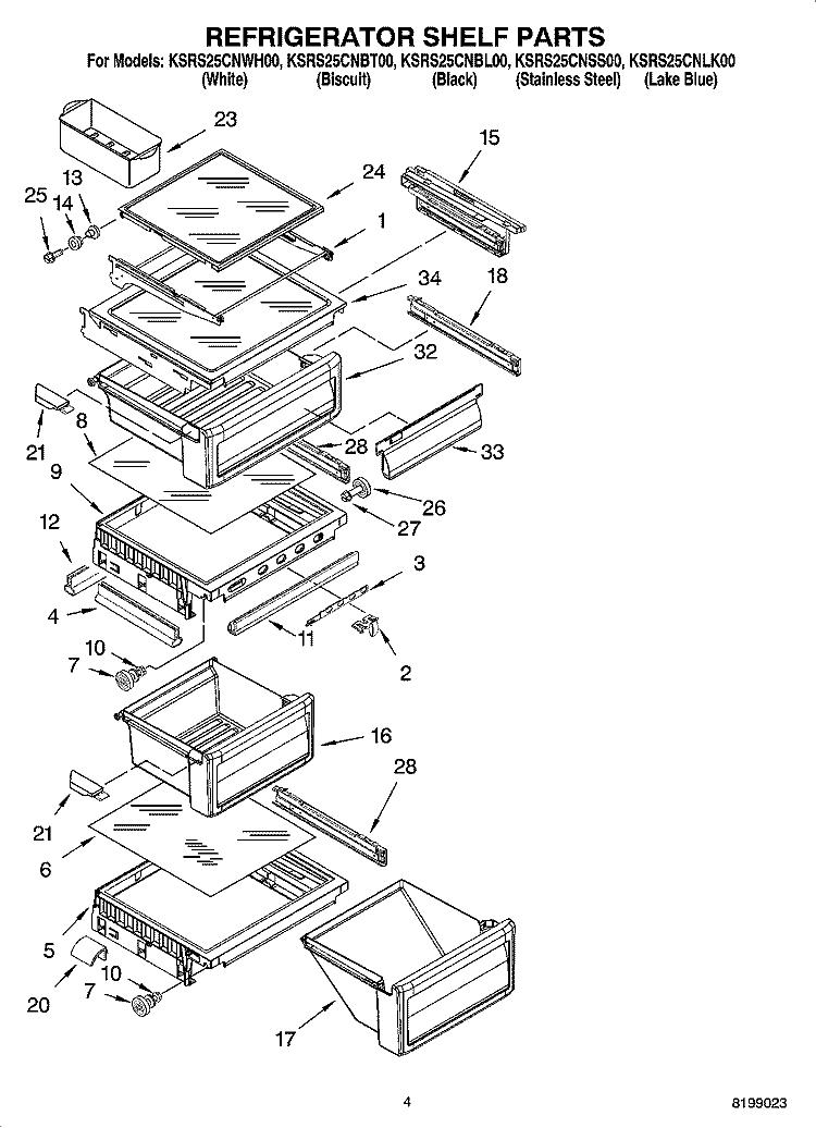REFRIGERATOR SHELF PARTS Diagram and Parts List for KSRS25CNLK00  KitchenAid Refrigerator