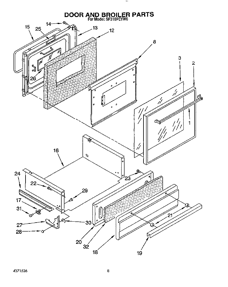 DOOR AND BROILER Diagram and Parts List for SF310PEYN0  Whirlpool Range