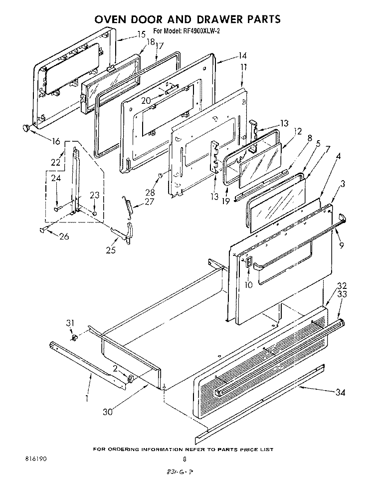 OVEN DOOR AND DRAWER Diagram and Parts List for RF4900XLW2  Whirlpool Range