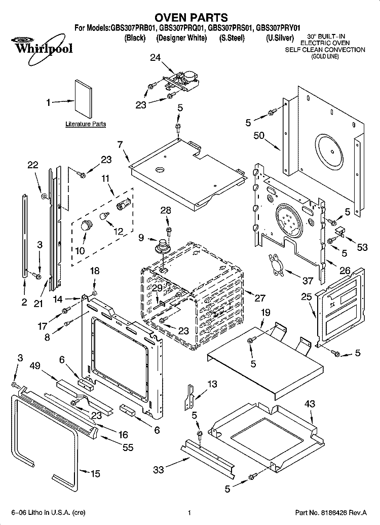 OVEN PARTS Diagram and Parts List for GBS307PRB01  Whirlpool Wall Oven