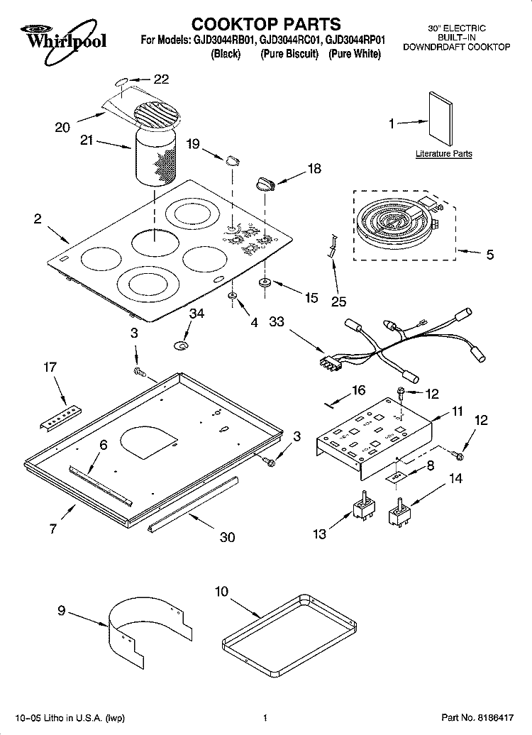 COOKTOP PARTS Diagram and Parts List for GJD3044RB01  Whirlpool Cooktop